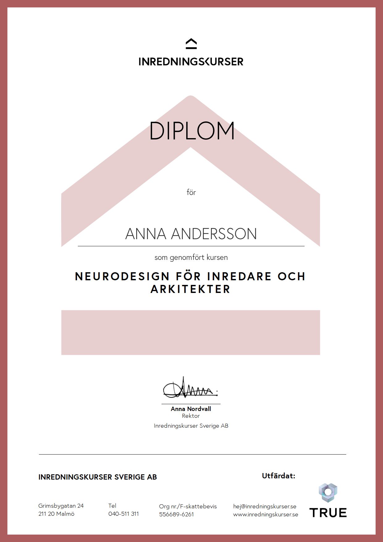 Exempel: diplom för Neurodesign för inredare och arkitekter från Inredningskurser Sverige