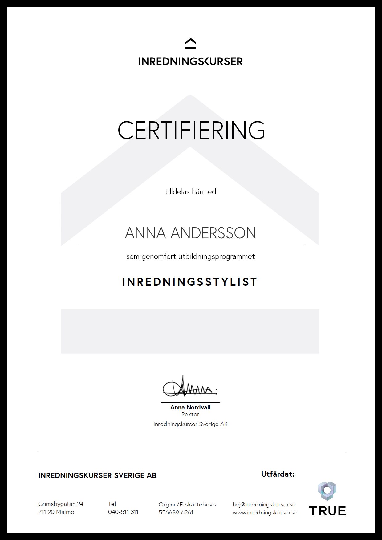 Example certificate for Interior Stylist from Inredningskurser Sverige