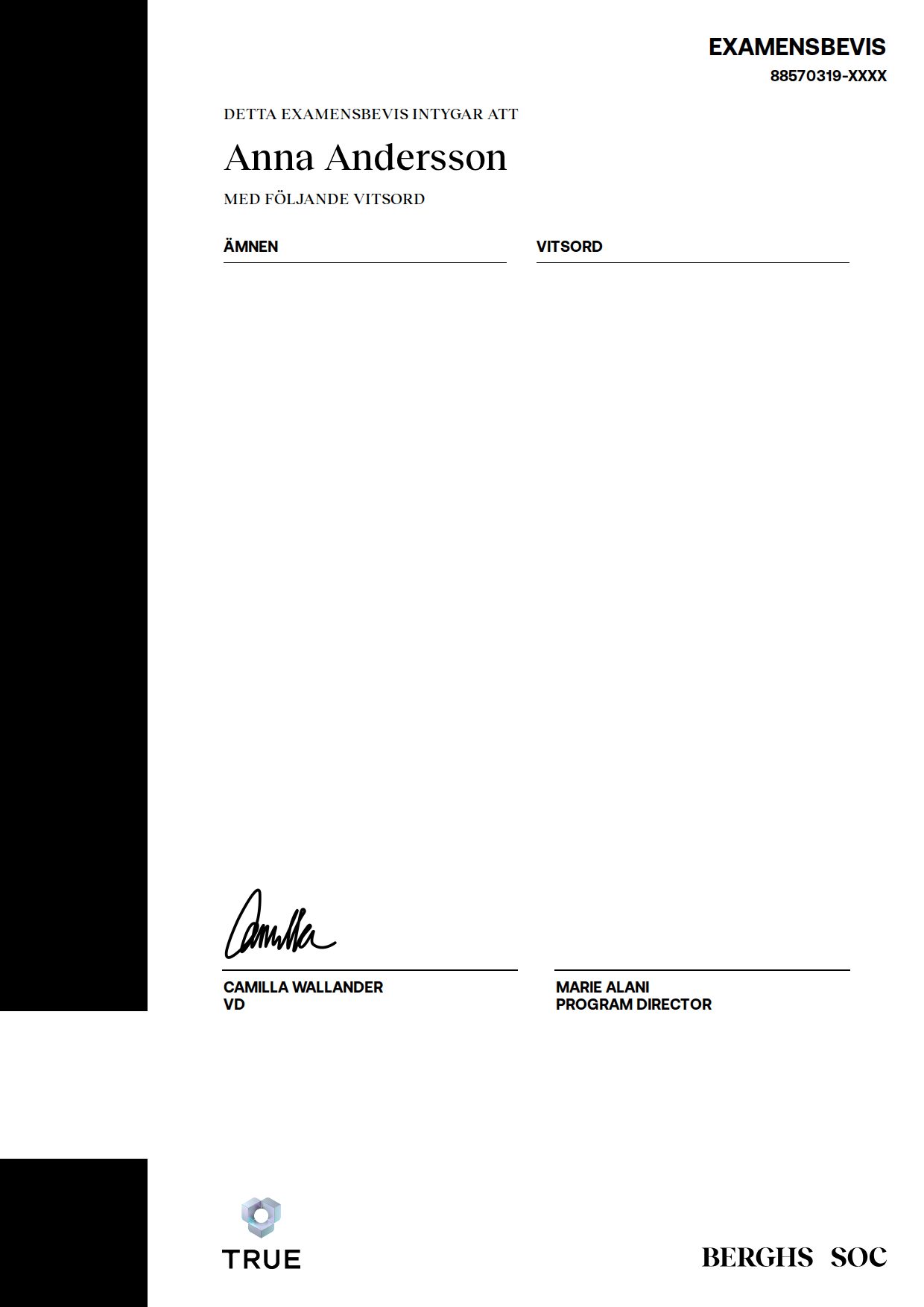 Exempel: diplom för Advanced Advertising från Berghs School of Communication