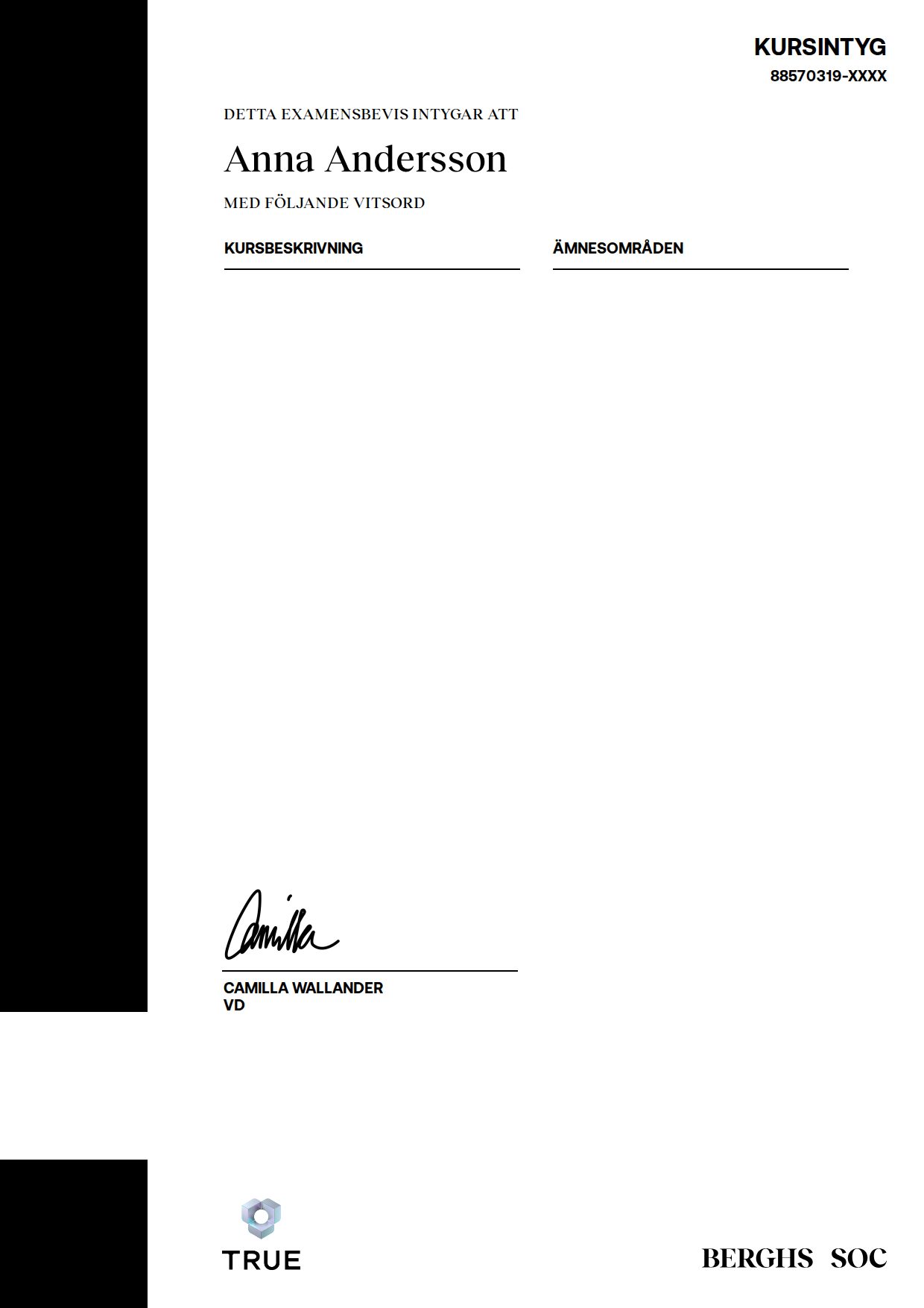 Exempel: diplom för UX and Digital Product Design från Berghs School of Communication