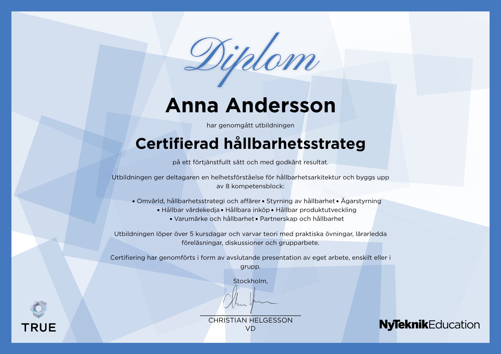 Example certificate for The Future Power Grid: Strategic and Operational Management from Ny Teknik Education