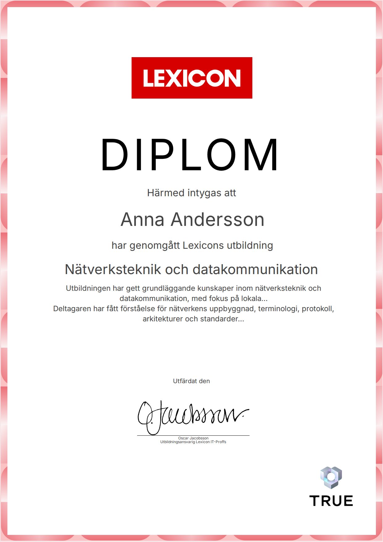 Exempel: diplom för Nätverksteknik och datakommunikation från Lexicon IT-Proffs AB