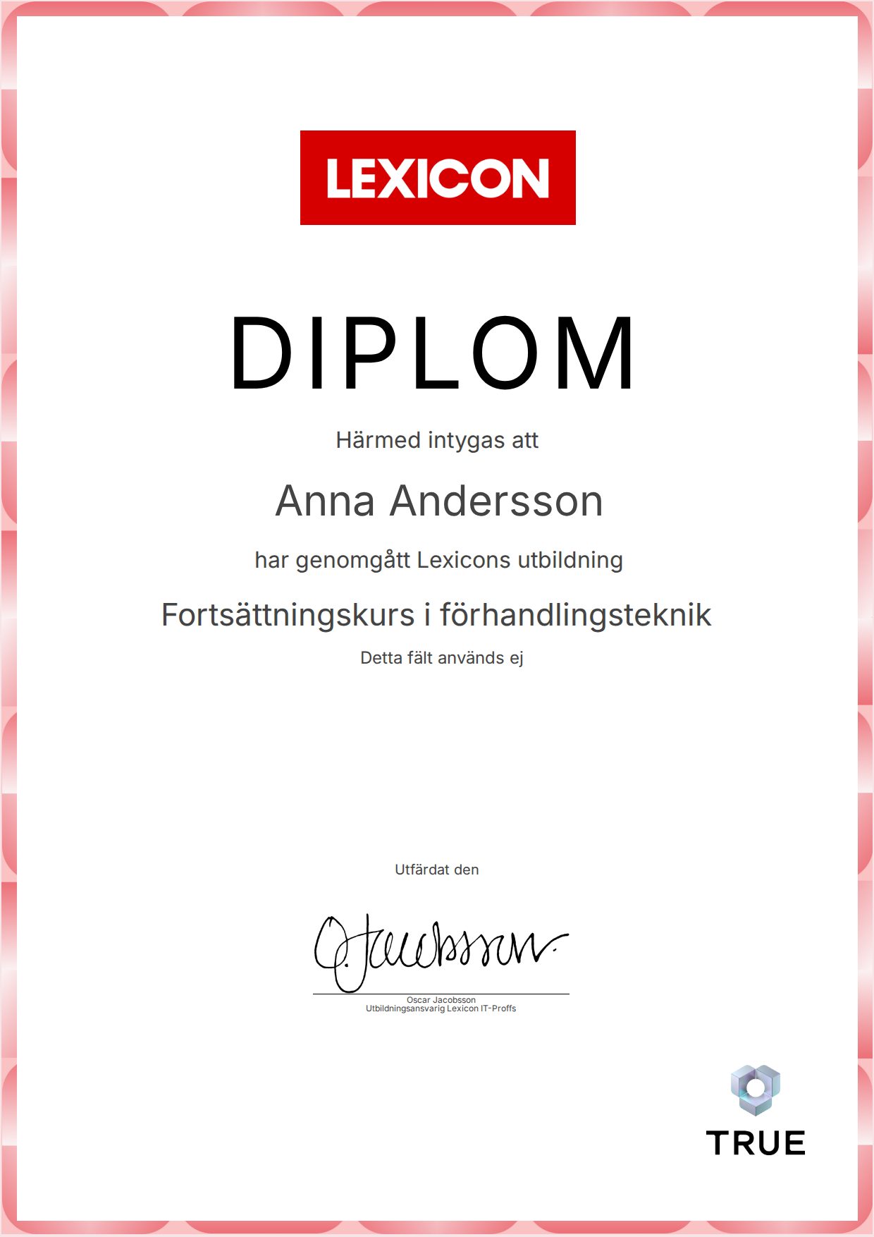 Exempel: diplom för Fortsättningskurs i förhandlingsteknik från Lexicon IT-Proffs AB