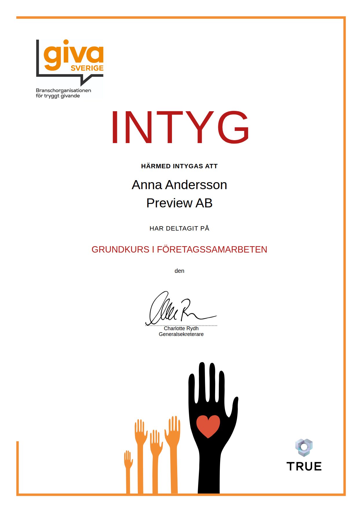 Exempel: diplom för Grundkurs i företagssamarbeten från Giva Sverige
