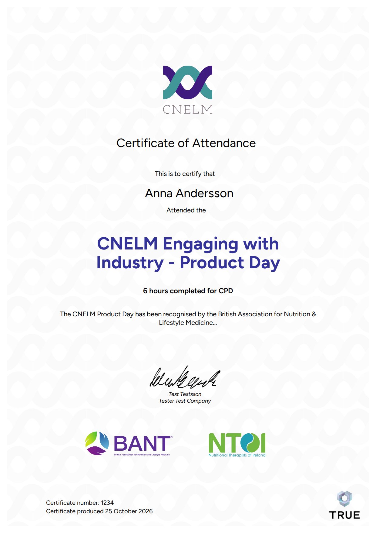 Example certificate for CNELM Engaging with Industry - Product Day 1 from CNELM - UK