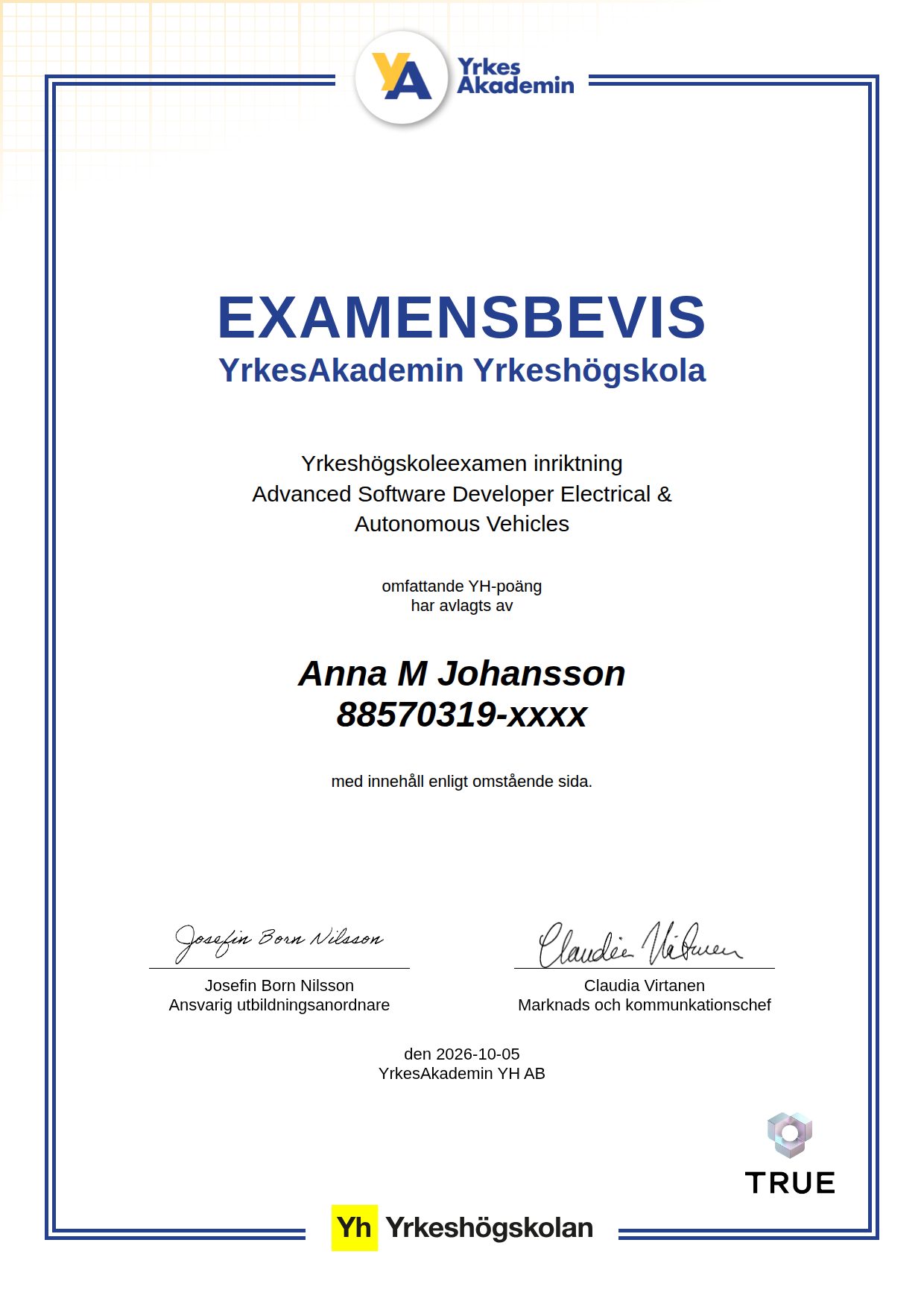 Example certificate for Advanced Software Developer Electrical & Autonomous Vehicles from YH Akademin - (YA)