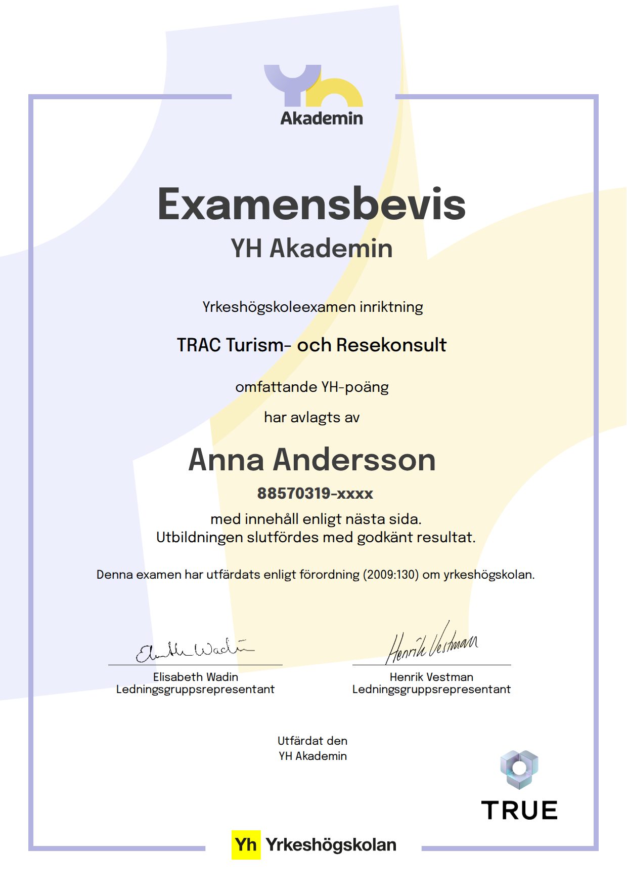 Example certificate for TRAC Tourism and Travel Consultant from YH Akademin - (YA)