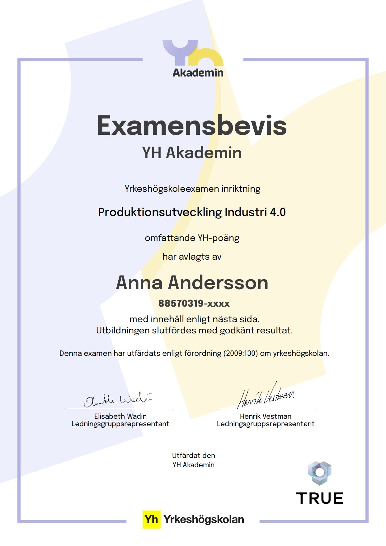 Example certificate for Production Development Industry 4.0 from YH Akademin - (YA)