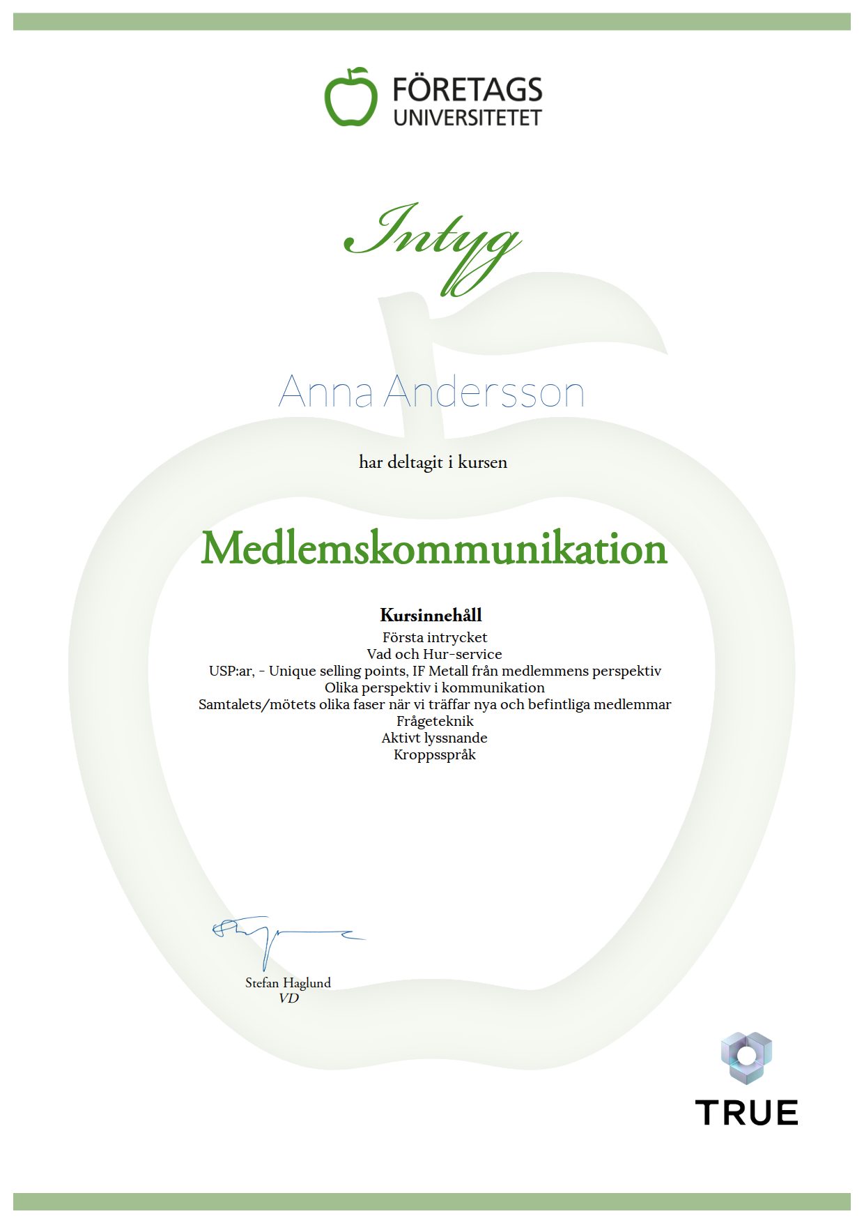 Exempel: diplom för Medlemskommunikation från Företagsuniversitetet