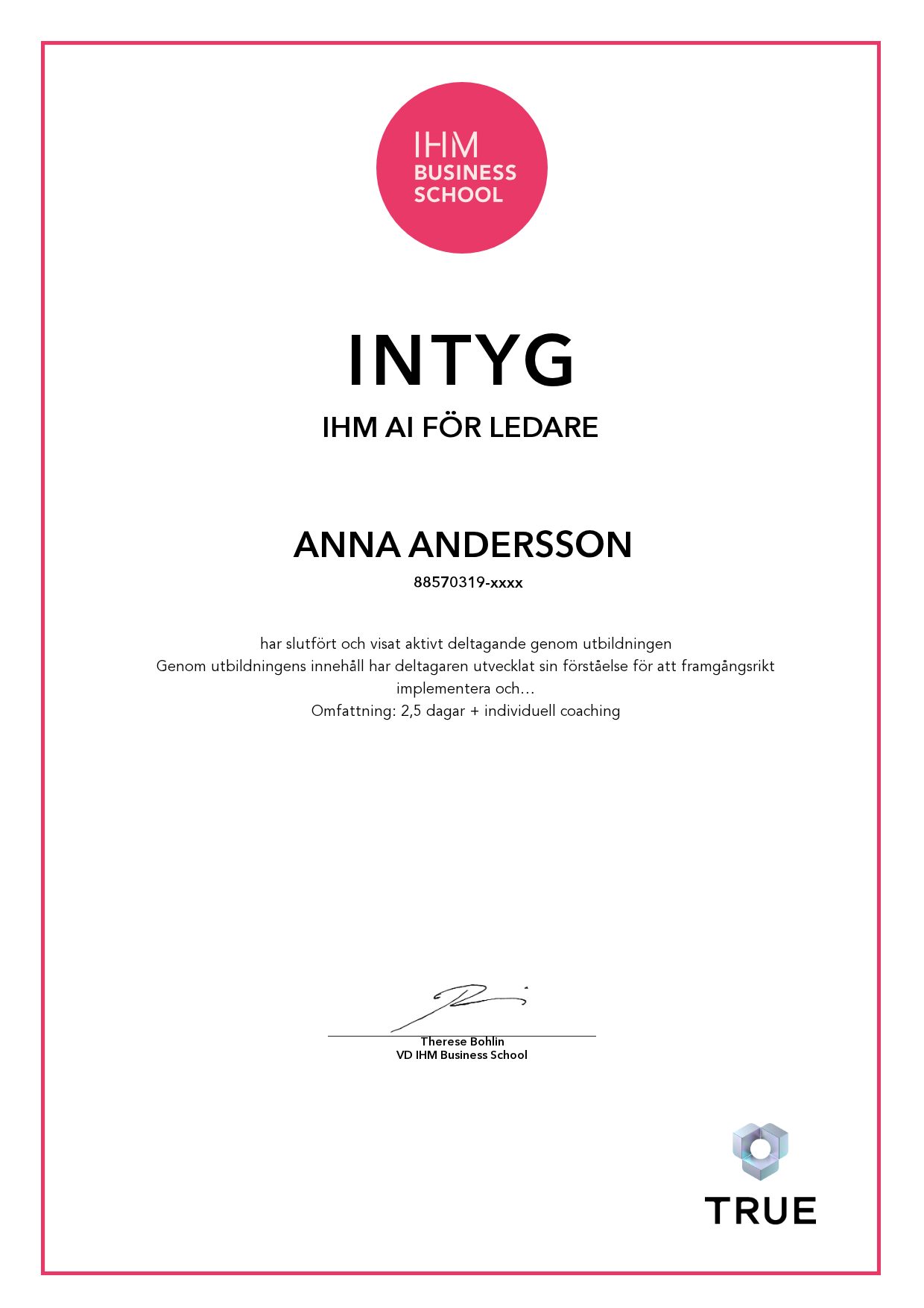 Example certificate for IHM AI för ledare from IHM Business School