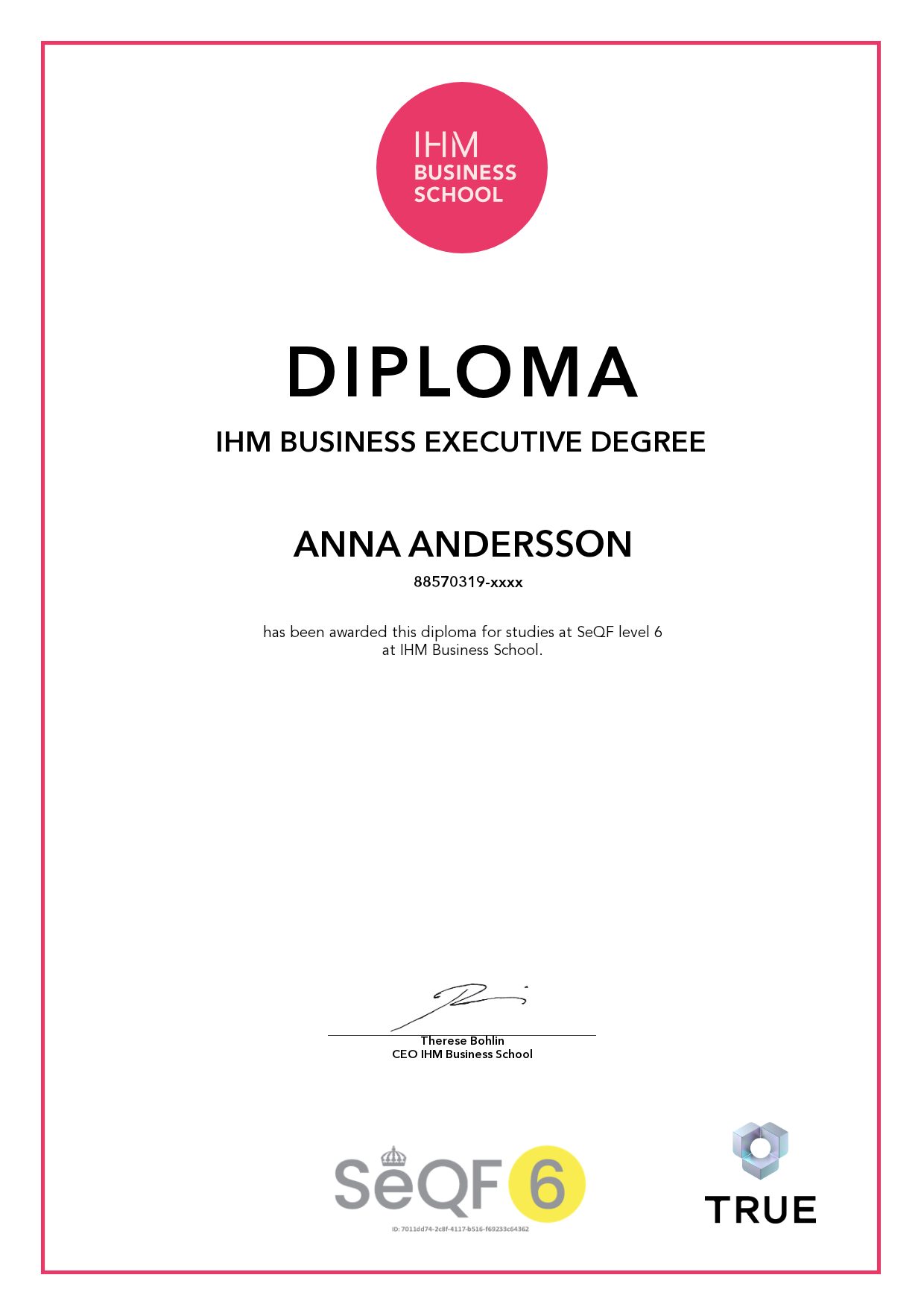 Exempel: diplom för IHM Business Executive Degree från IHM Business School