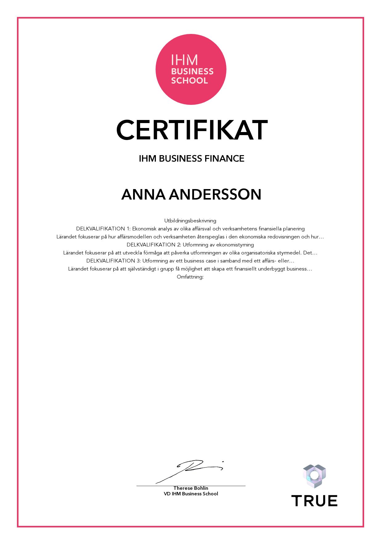 Exempel: diplom för IHM Business Finance från IHM Business School