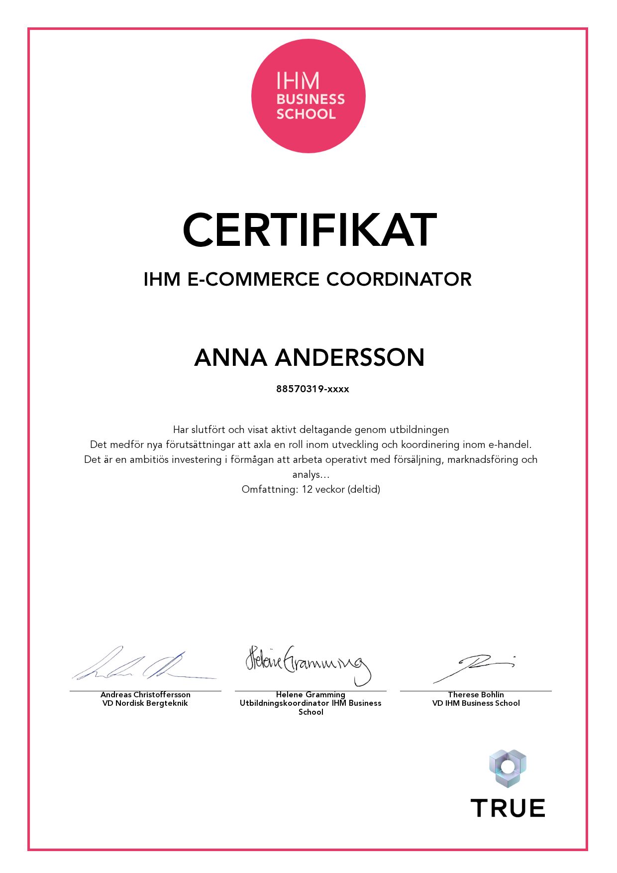 Exempel: diplom för IHM E-Commerce Coordinator från IHM Business School