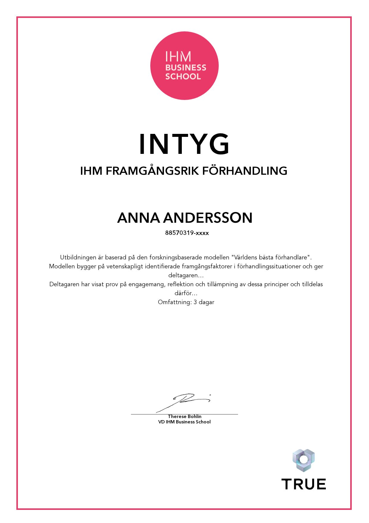 Exempel: diplom för IHM Framgångsrik Förhandling från IHM Business School