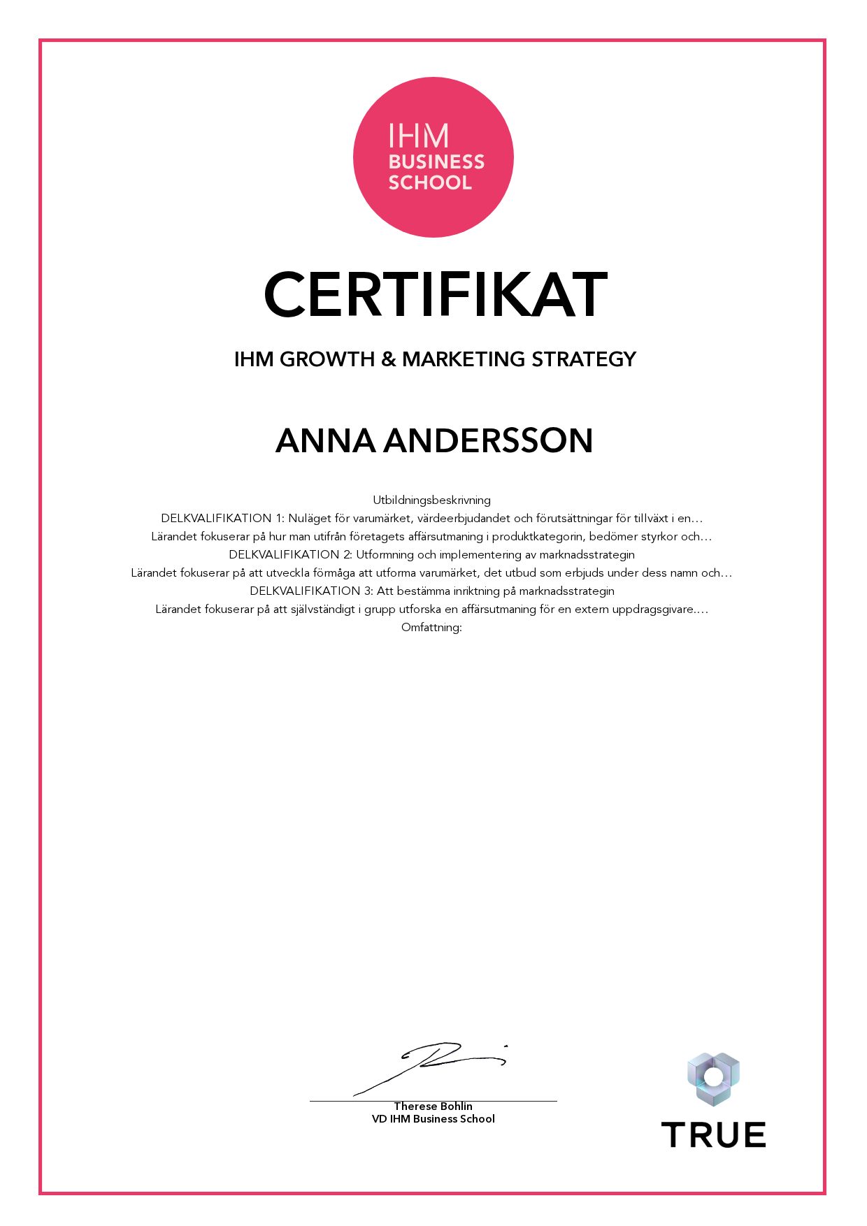 Exempel: diplom för IHM Growth & Marketing Strategy från IHM Business School
