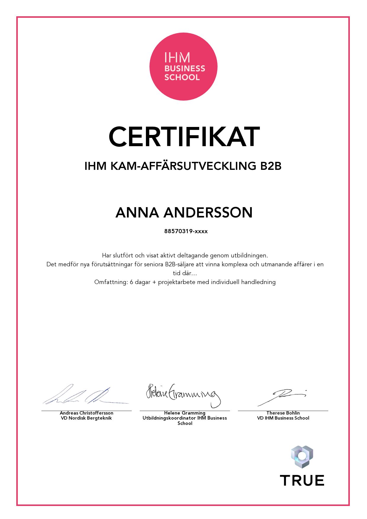 Exempel: diplom för IHM KAM-Affärsutveckling B2B från IHM Business School