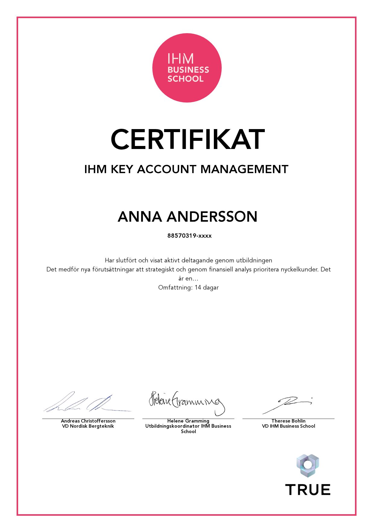 Example certificate for IHM Key Account Management from IHM Business School