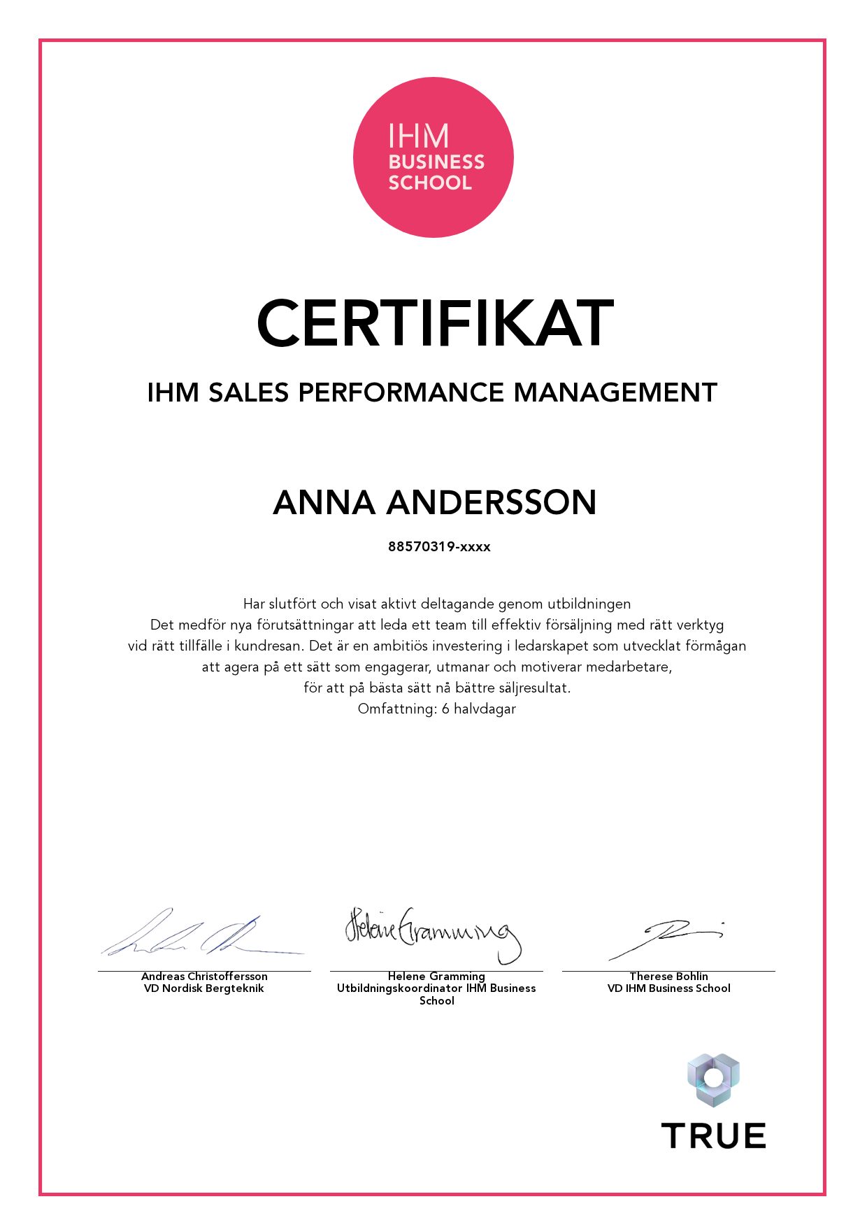 Exempel: diplom för IHM Sales Performance Management från IHM Business School