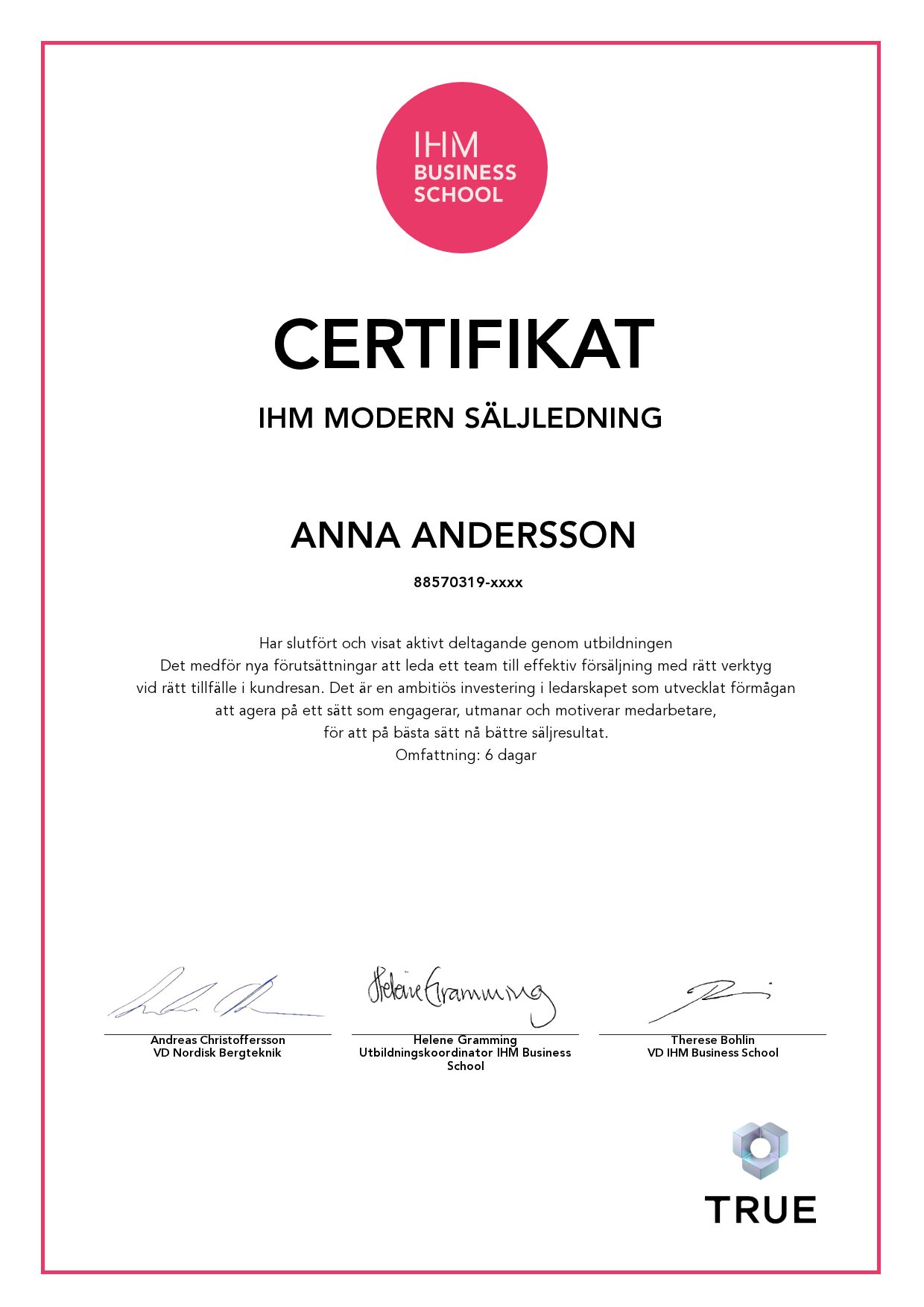 Exempel: diplom för IHM Modern Säljledning från IHM Business School