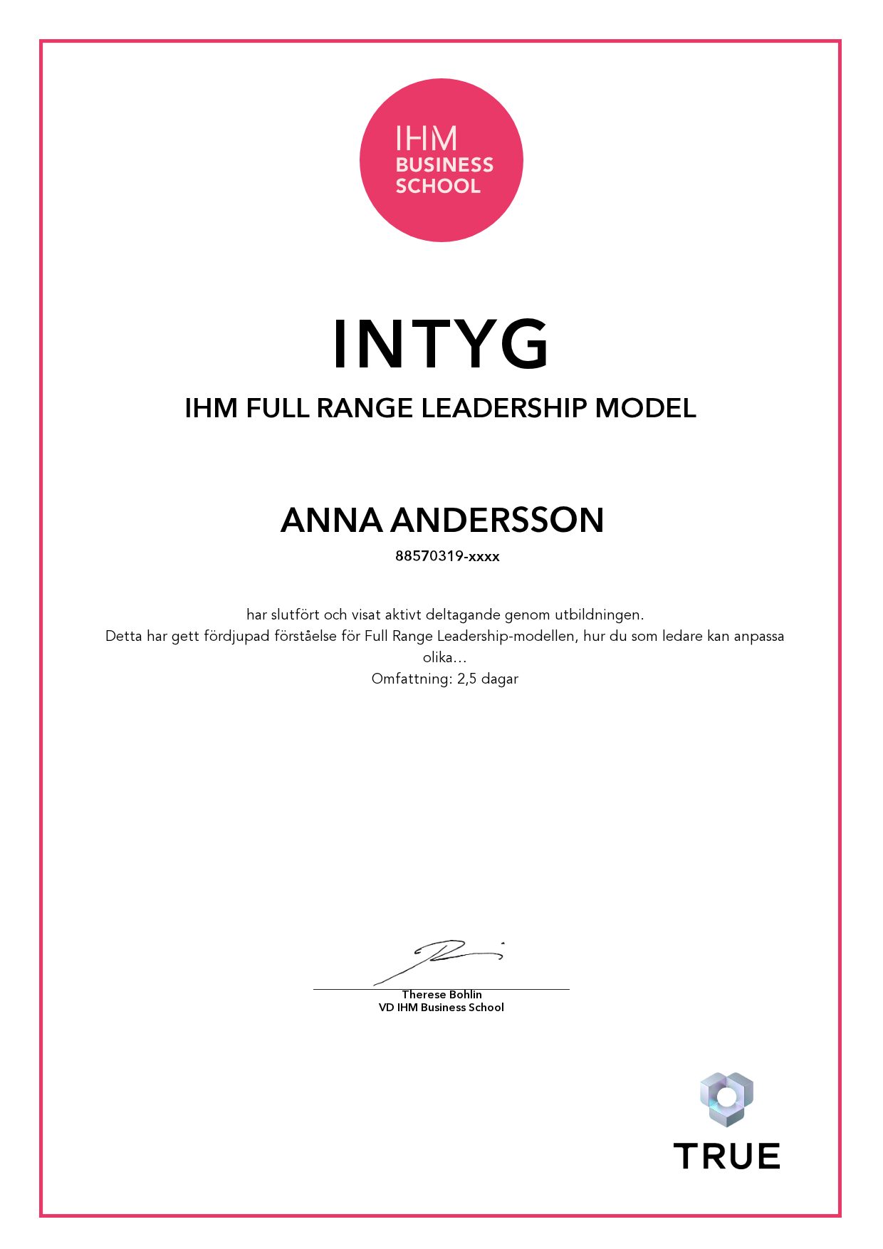 Exempel: diplom för IHM Full Range Leadership Model från IHM Business School
