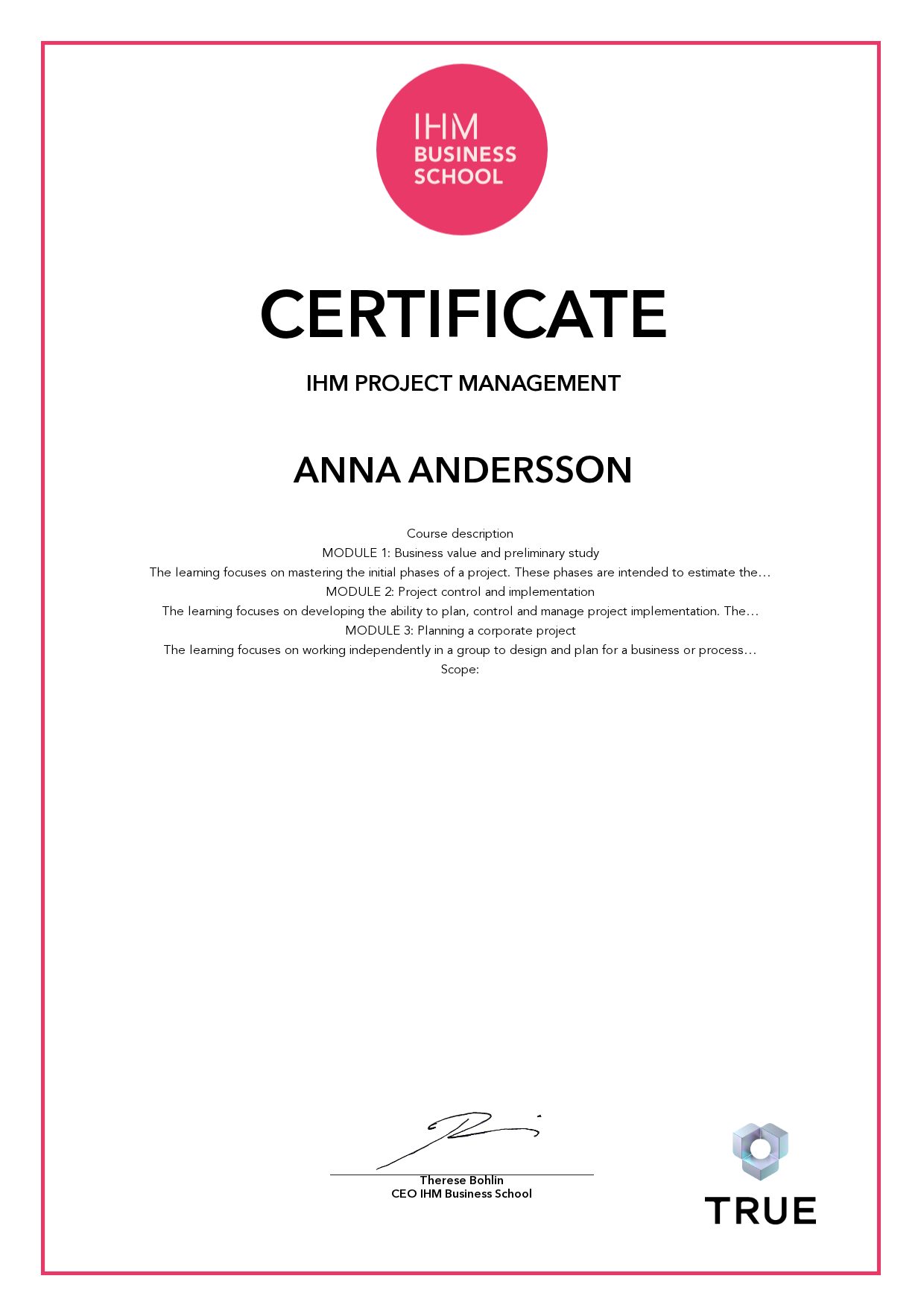 Exempel: diplom för IHM Project Management från IHM Business School