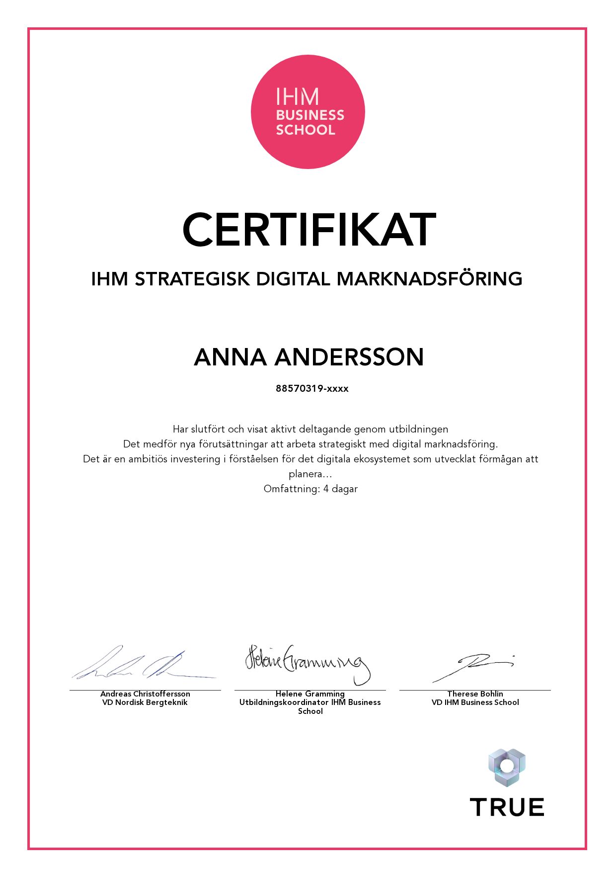 Exempel: diplom för IHM Strategisk Digital Marknadsföring från IHM Business School
