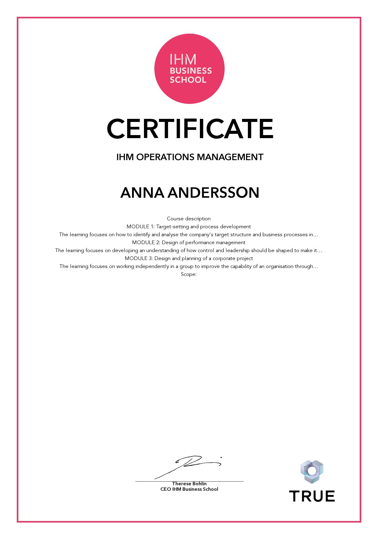 Exempel: diplom för IHM Operations Management från IHM Business School
