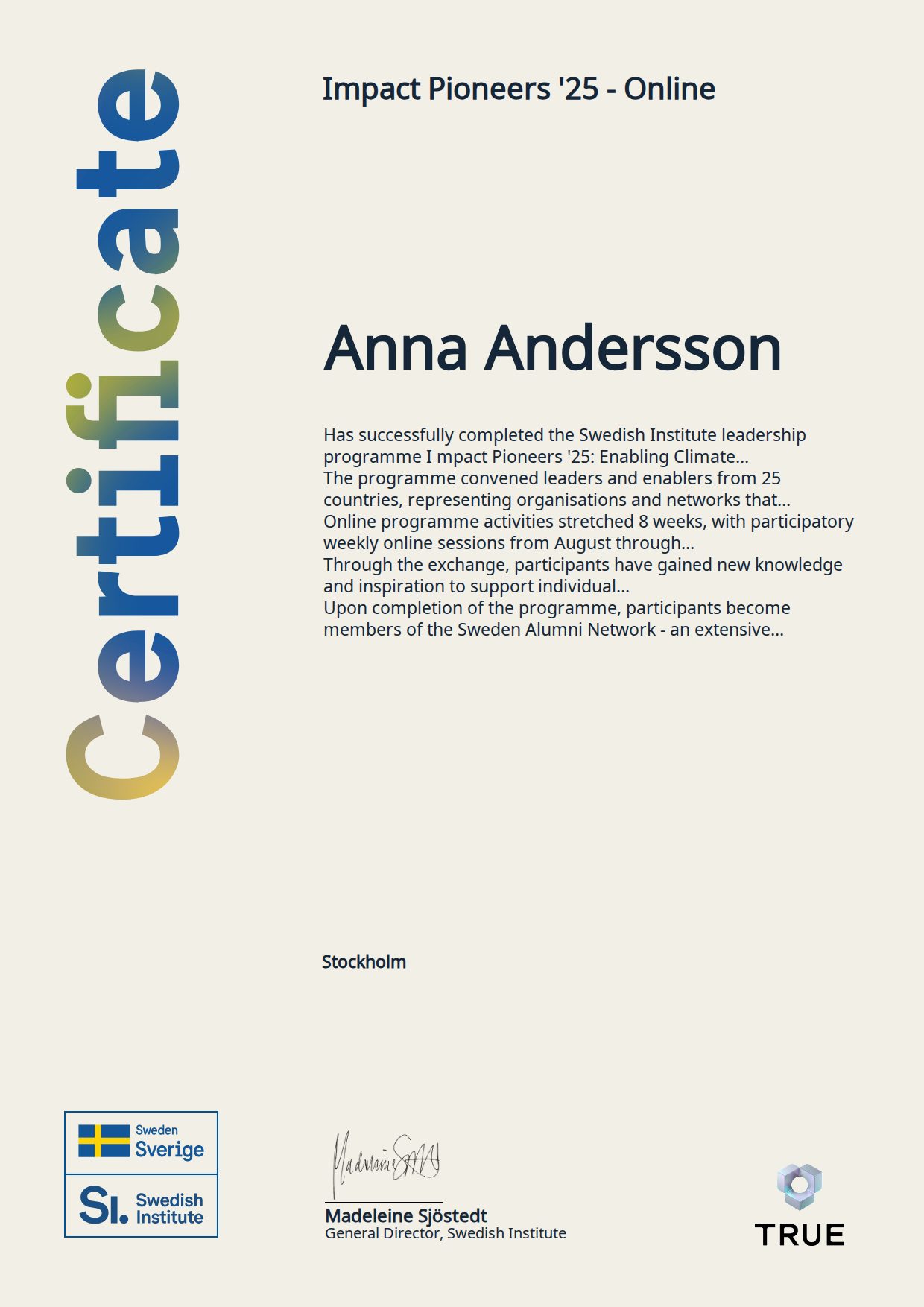 Example certificate for Impact Pioneers '25 - Online from SI - Swedish Institue