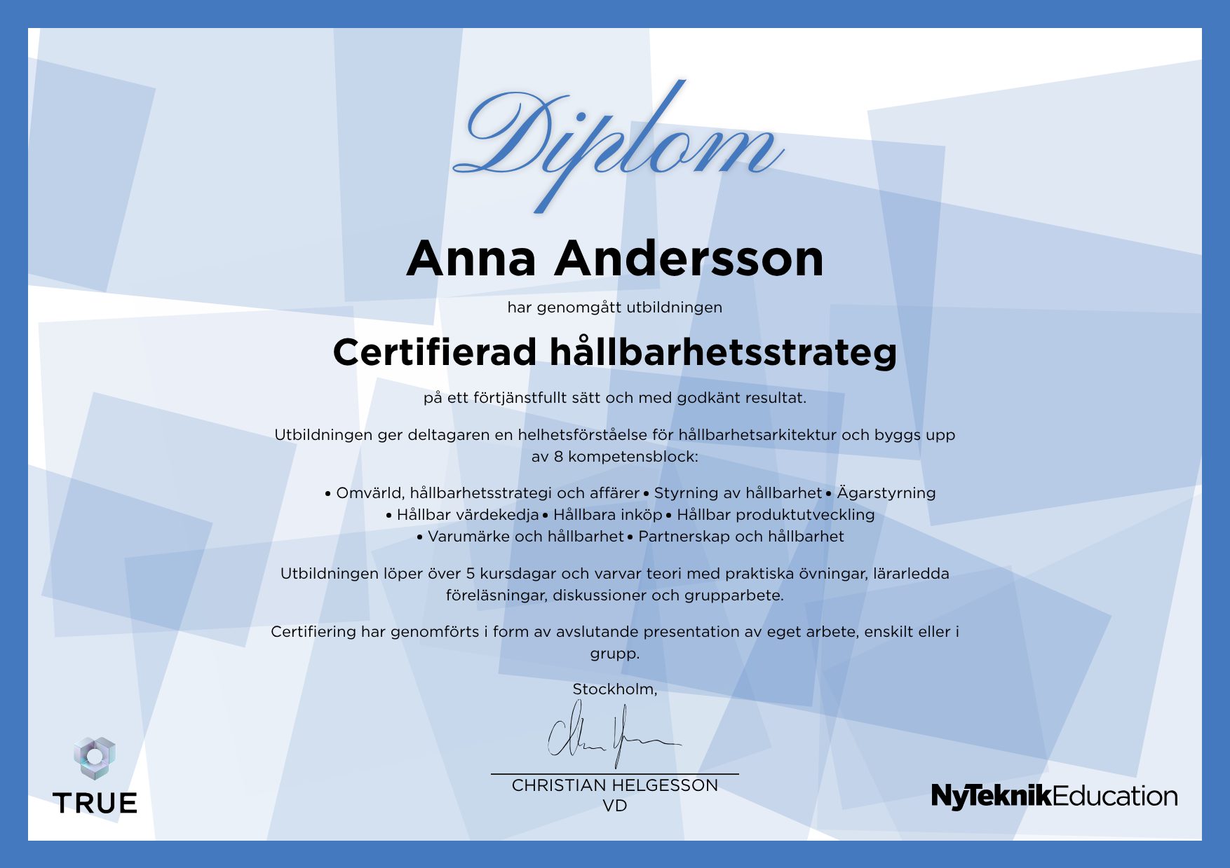 Example certificate for Industriell symbios i praktiken from Ny Teknik Education