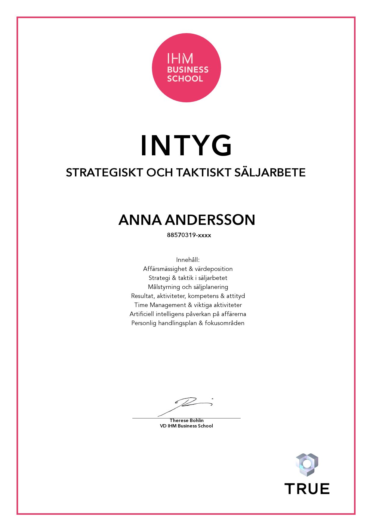 Exempel: diplom för Strategiskt och taktiskt säljarbete från IHM Business School
