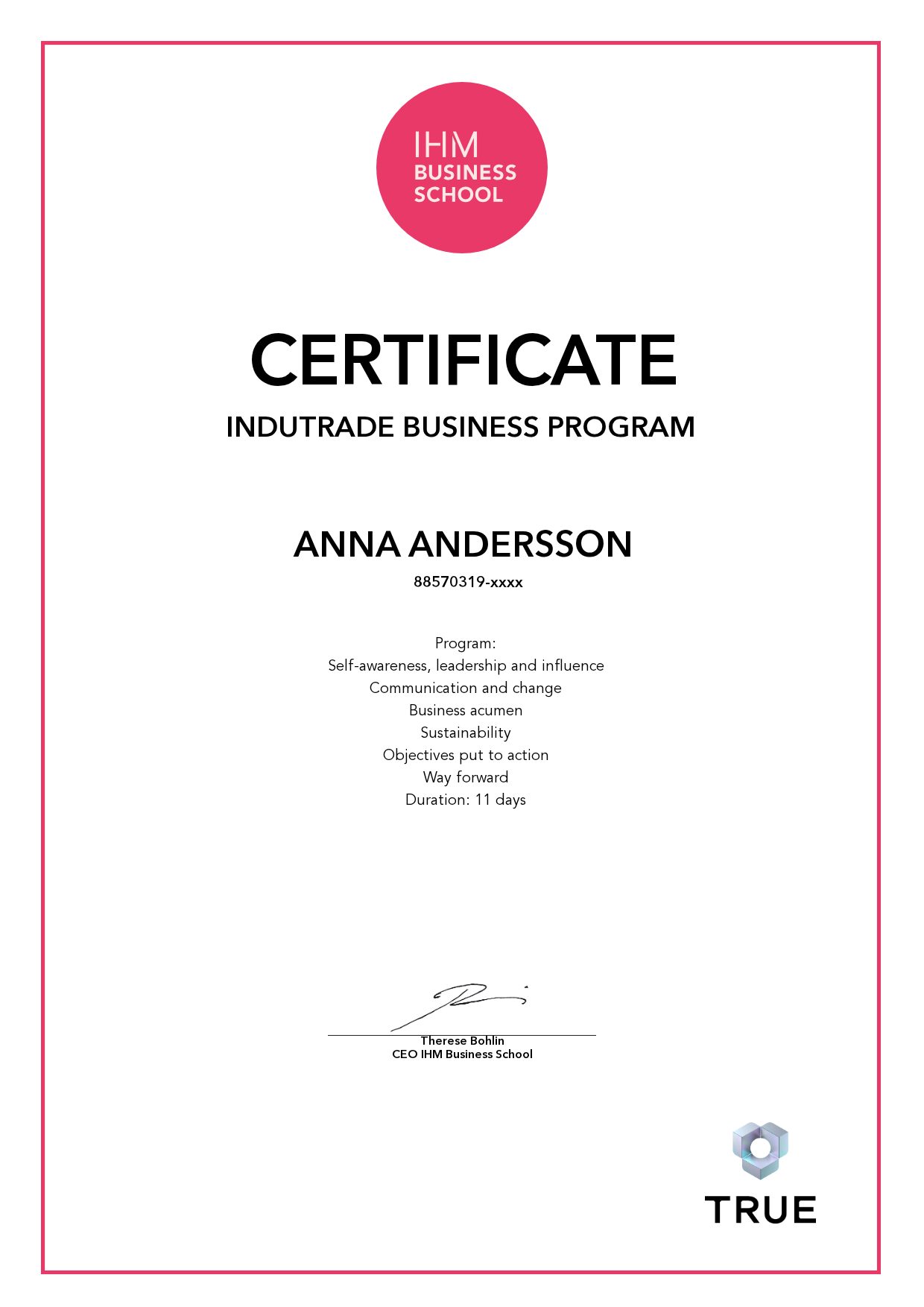 Exempel: diplom för Indutrade Business Program från IHM Business School