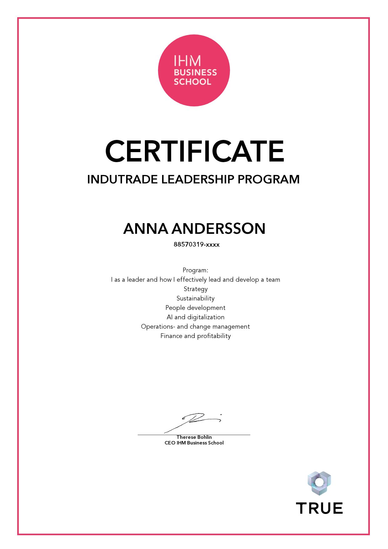 Exempel: diplom för Indutrade Leadership Program från IHM Business School