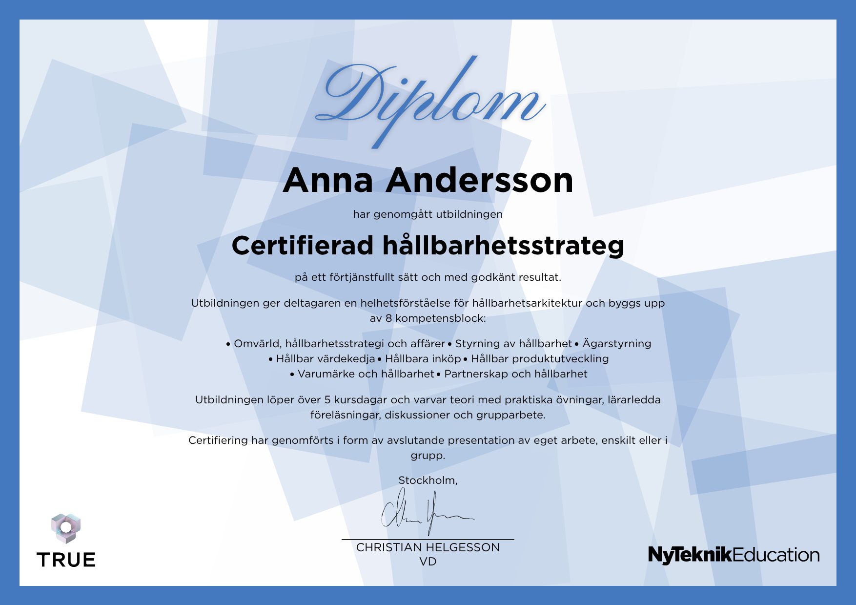 Exempel: diplom för Informationsarkitektur från Ny Teknik Education