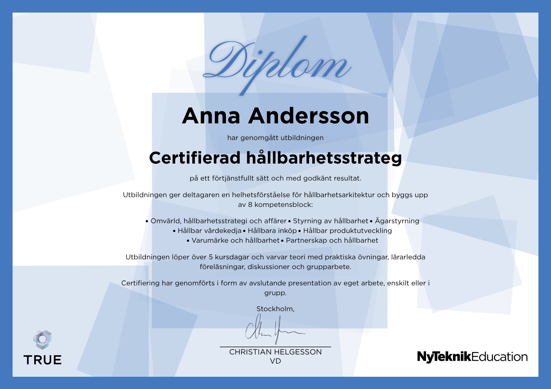 Example certificate for Logistics Engineering & Management from Ny Teknik Education
