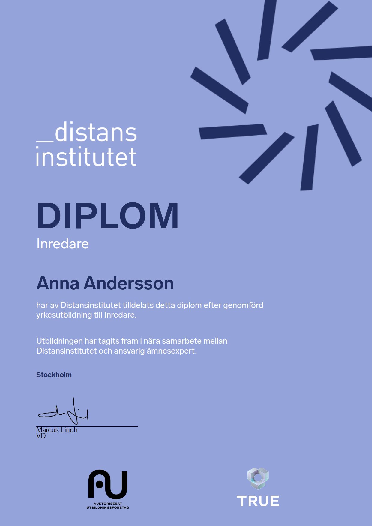 Exempel: diplom för Inredare från Distansinstitutet Sverige AB