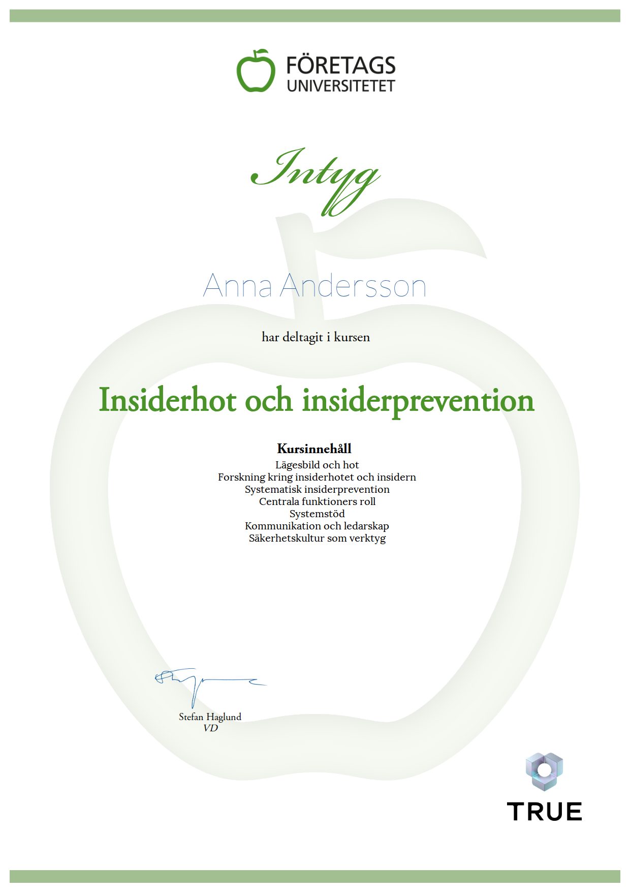 Exempel: diplom för Insiderhot och insiderprevention från Företagsuniversitetet