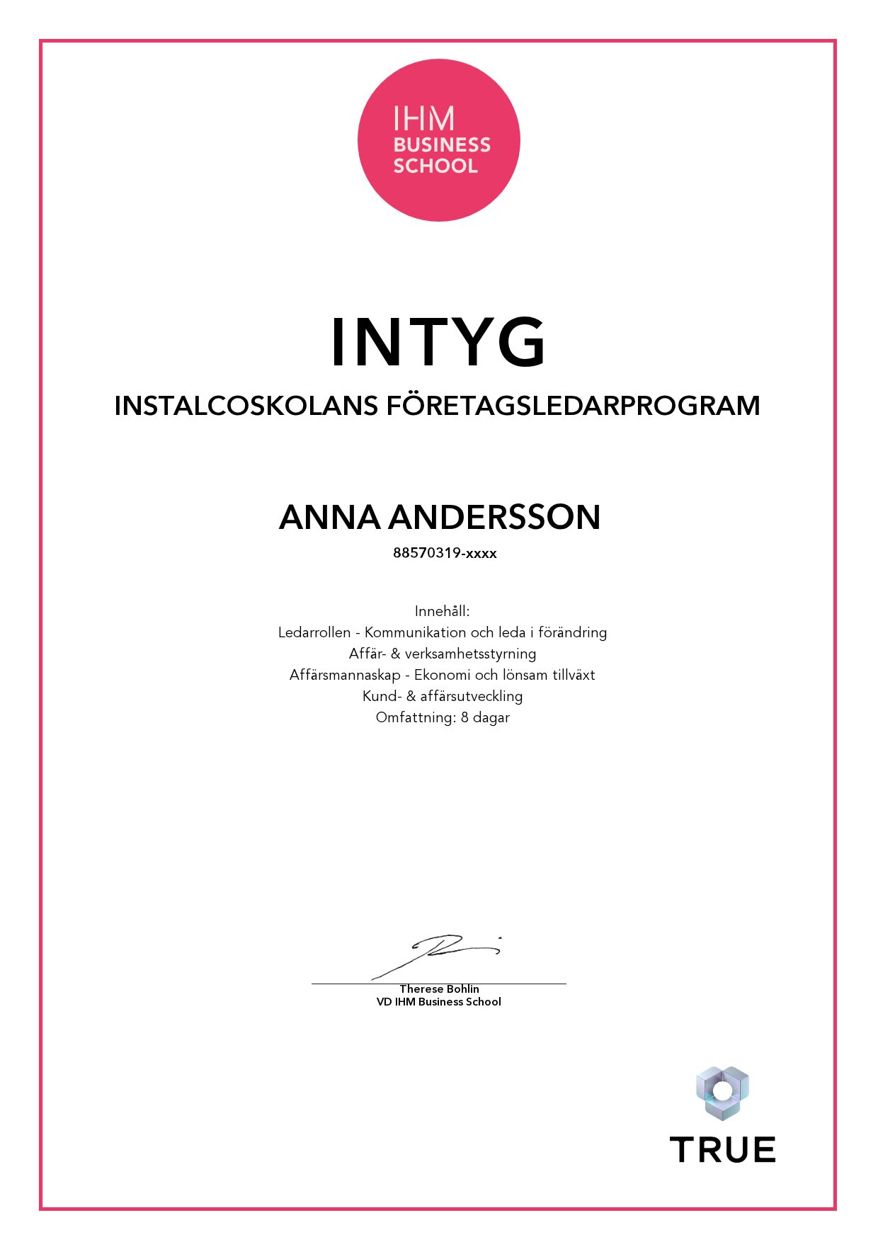 Exempel: diplom för Instalcoskolans Företagsledarprogram från IHM Business School