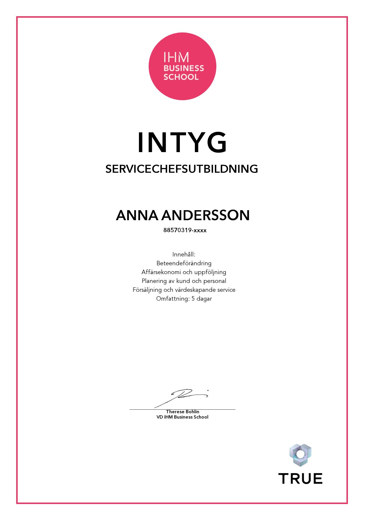 Exempel: diplom för Servicechefsutbildning från IHM Business School