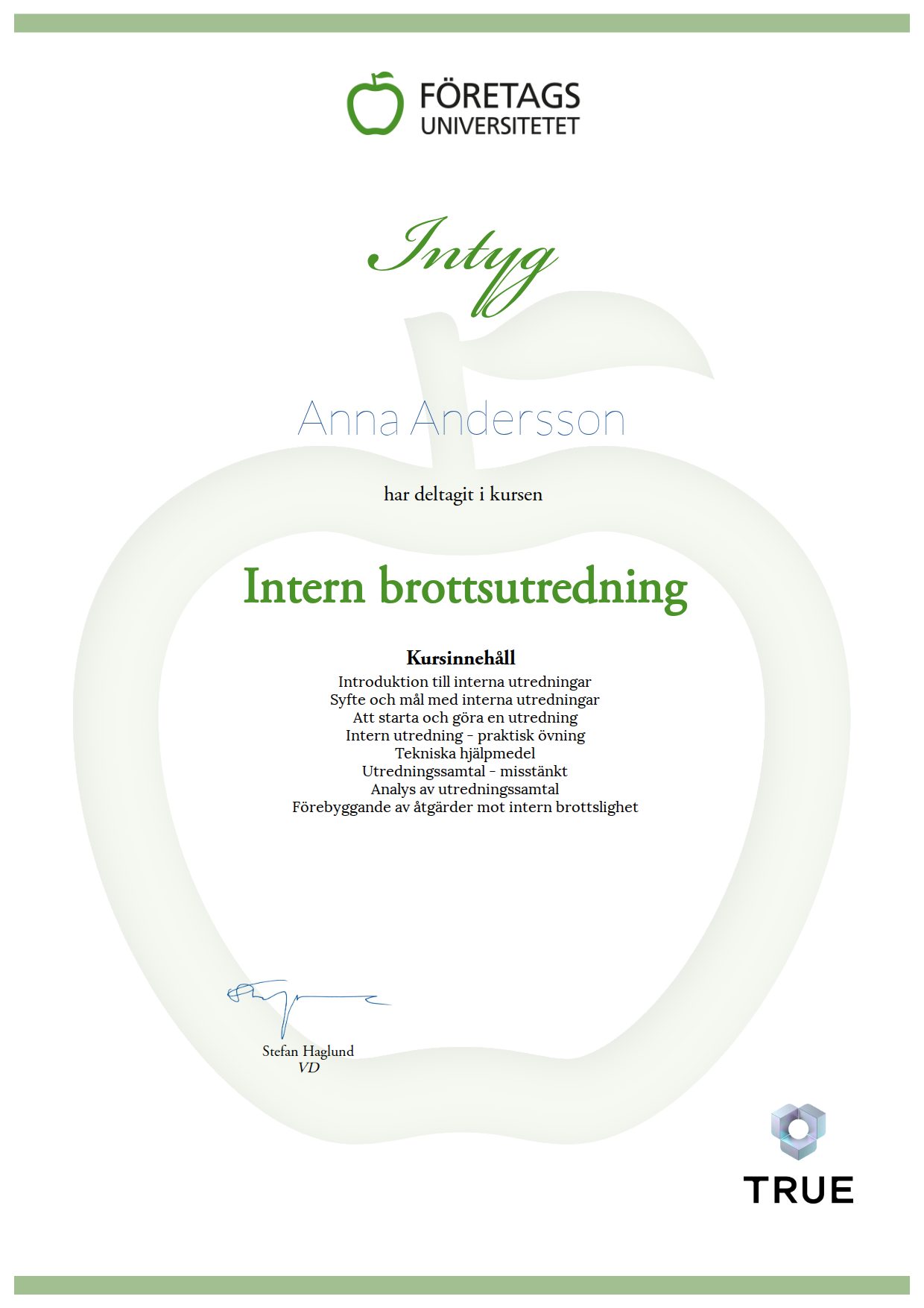 Example certificate for Intern brottsutredning from Företagsuniversitetet