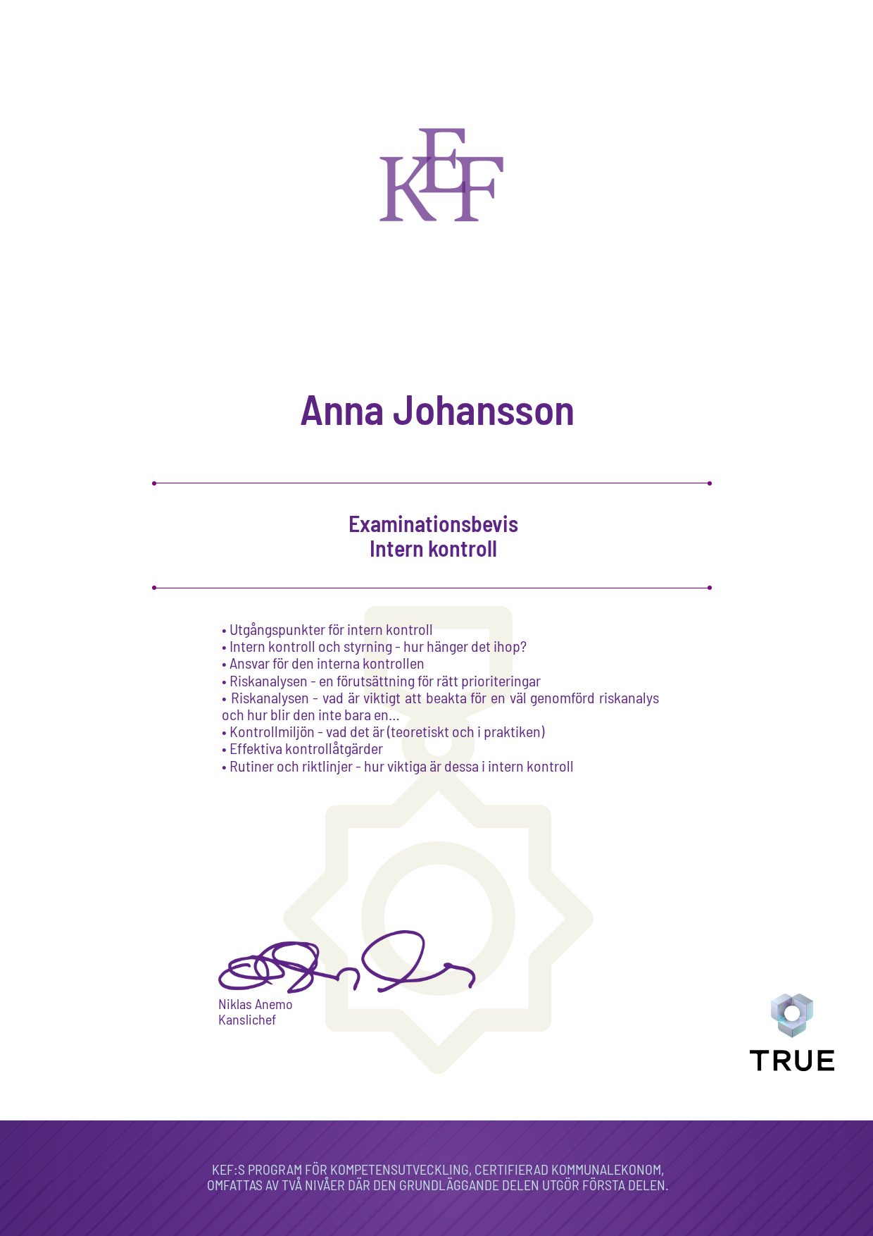 Example certificate for Intern kontroll from KEF - Kommualekonomernas förening
