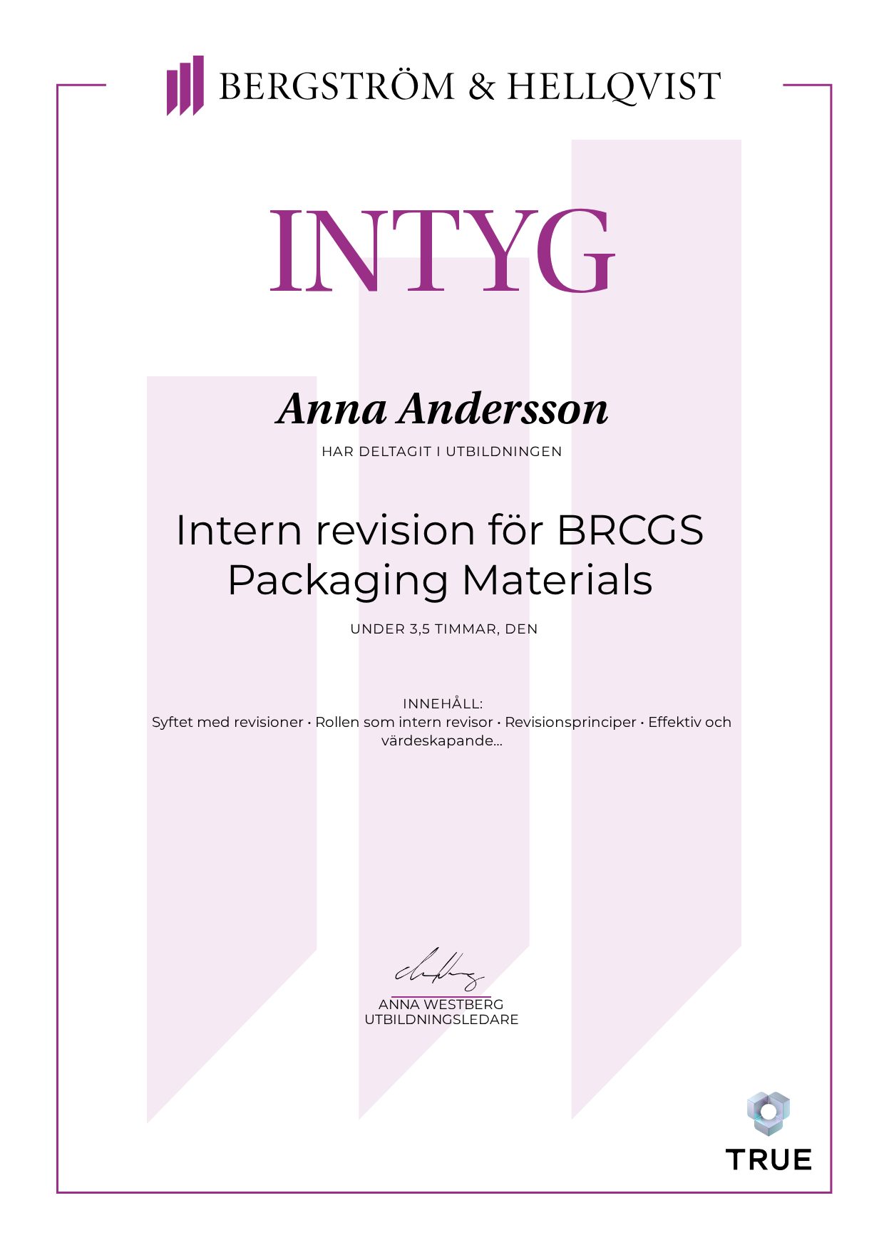 Exempel: diplom för Intern revision för BRCGS Packaging Materials från Bergström & Hellqvist