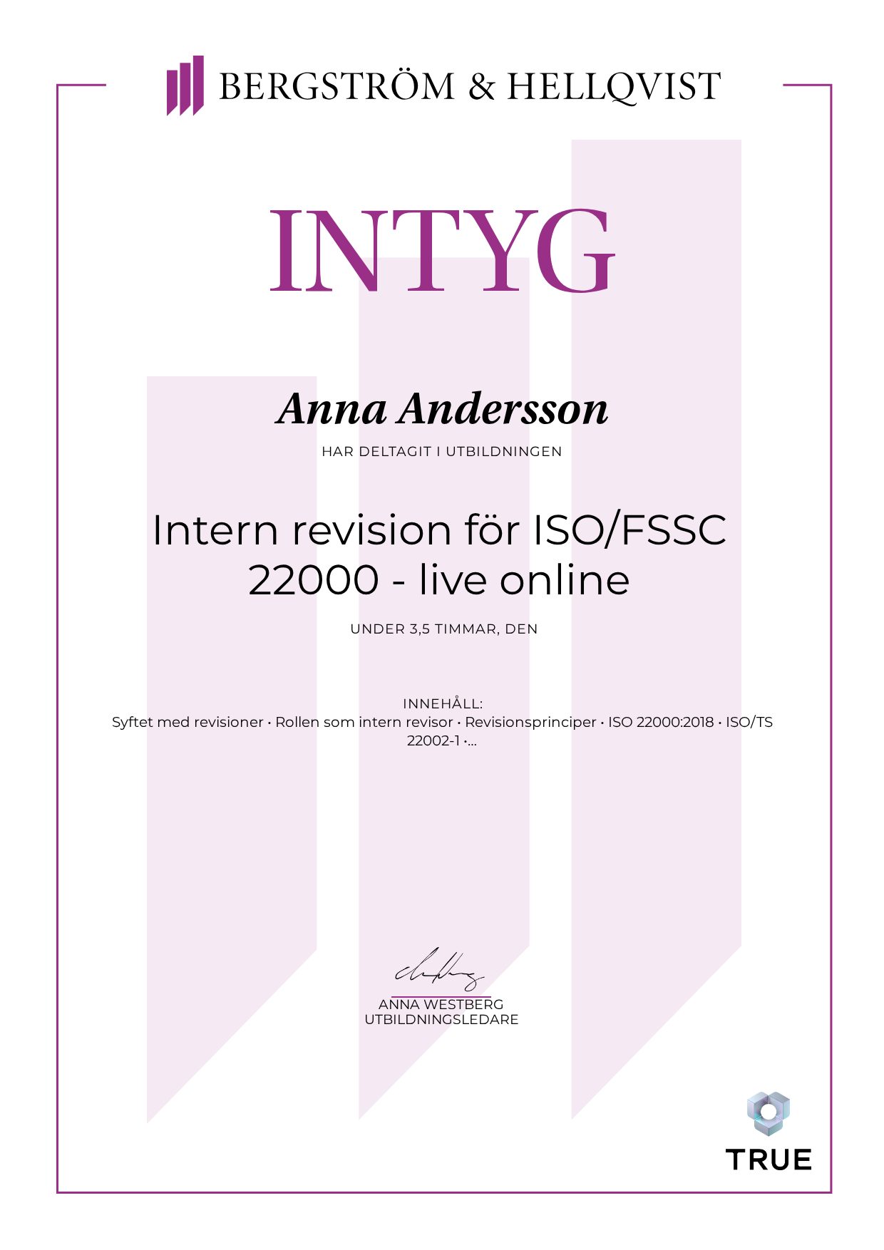 Exempel: diplom för Intern revision för ISO/FSSC 22000 - live online från Bergström & Hellqvist
