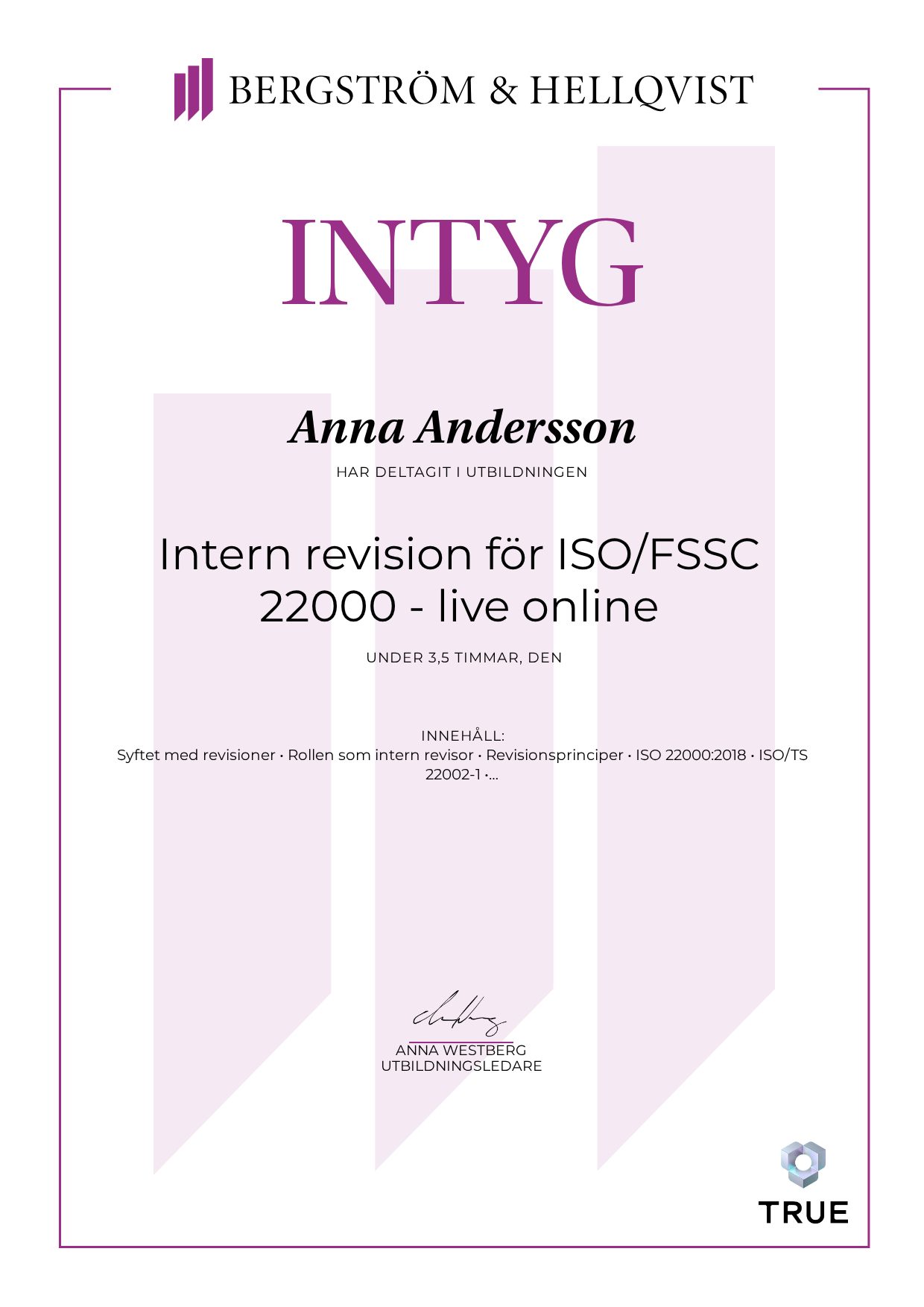 Example certificate for Intern revision för ISO/FSSC 22000 - live online from Bergström & Hellqvist