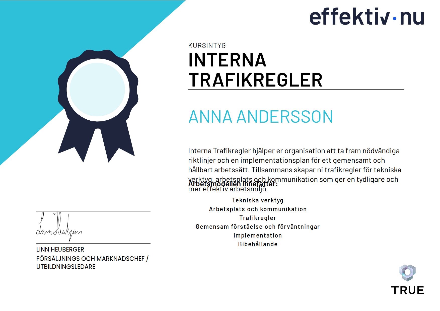 Exempel: diplom för Interna Trafikregler från Effektiv nu
