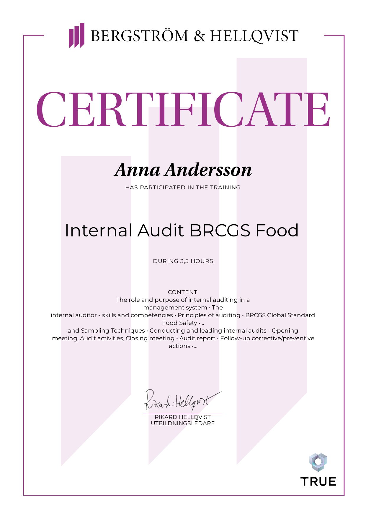 Exempel: diplom för Internal Audit BRCGS Food från Bergström & Hellqvist