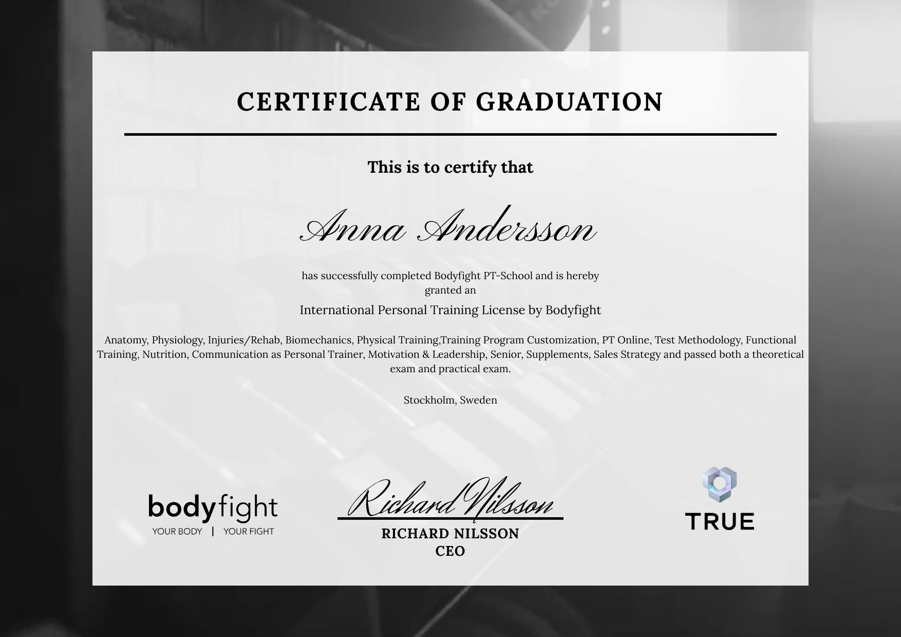 Example certificate for International Boxing License by Bodyfight from Body Fight Sverige