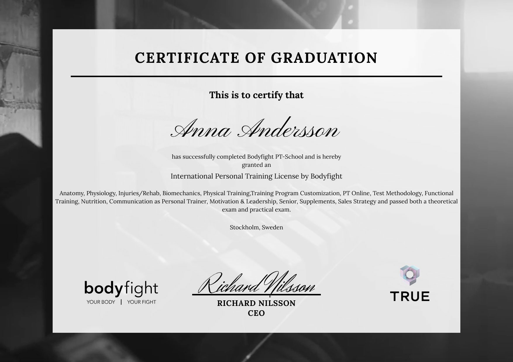 Exempel: diplom för International Personal Training License by Bodyfight från Body Fight Sverige
