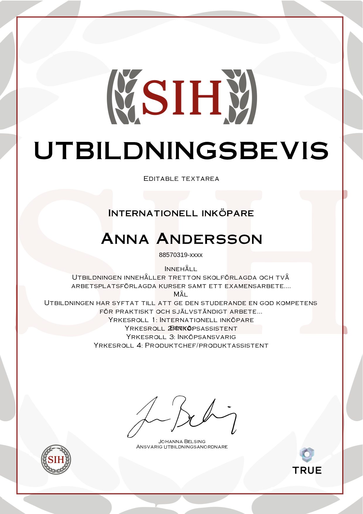 Exempel: diplom för Internationell inköpare från SIH - Stockholms Internationella Handelsskola