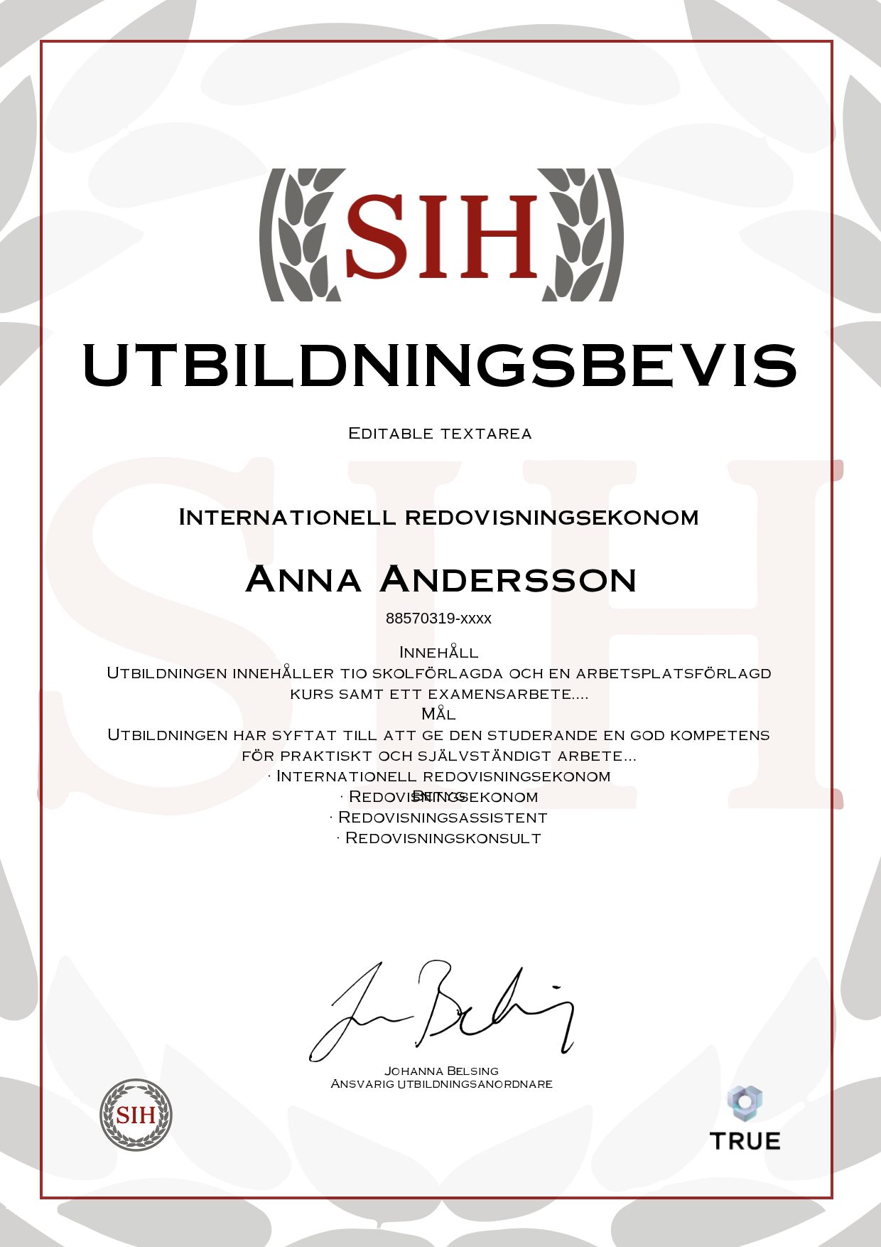 Exempel: diplom för Internationell redovisningsekonom från SIH - Stockholms Internationella Handelsskola