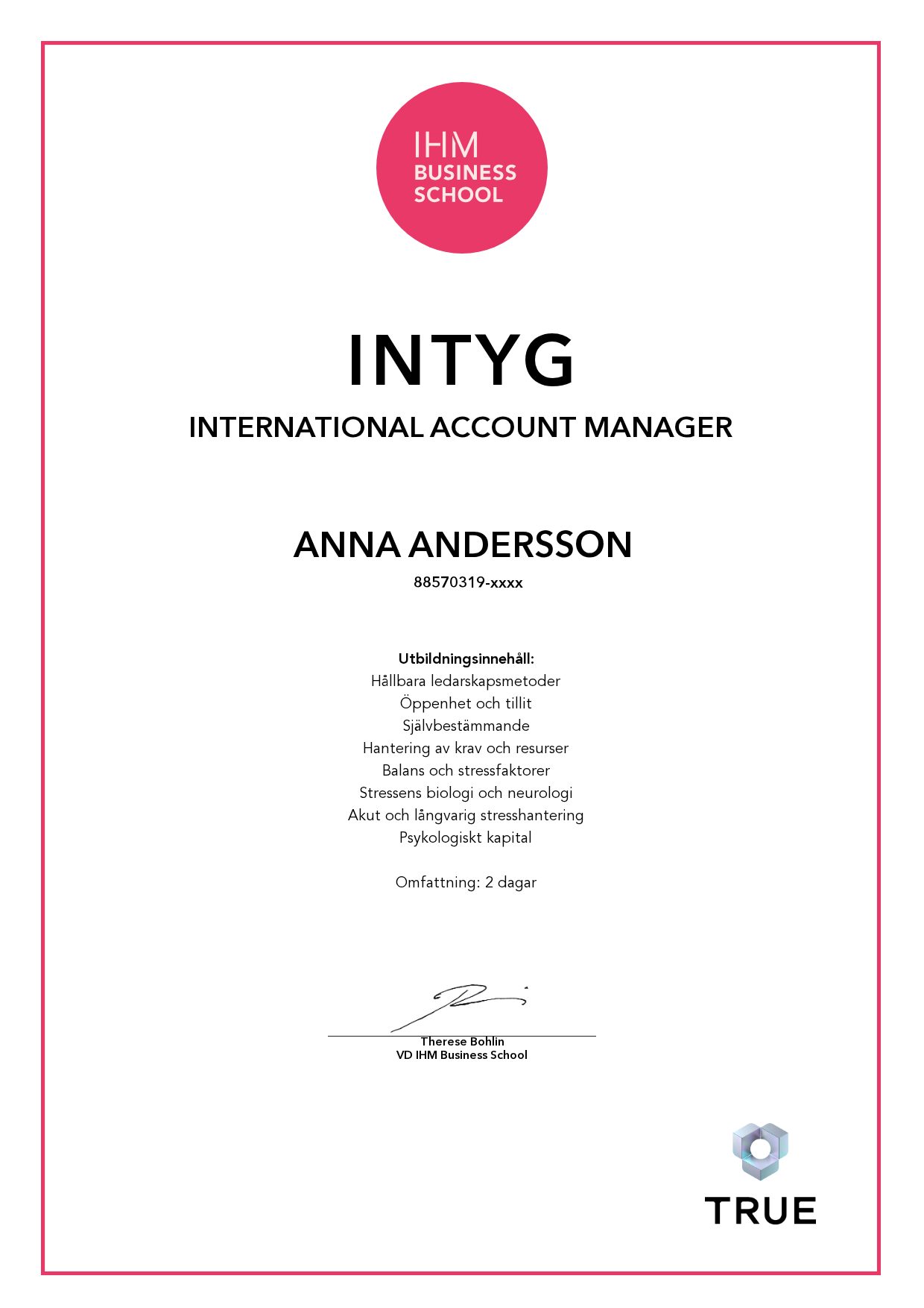 Exempel: diplom för International Account Manager från IHM Business School